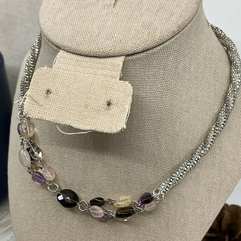 Vintage Milor Italy Sterling Silver 925 Necklace w/ Gemstones Adjustable 16-18